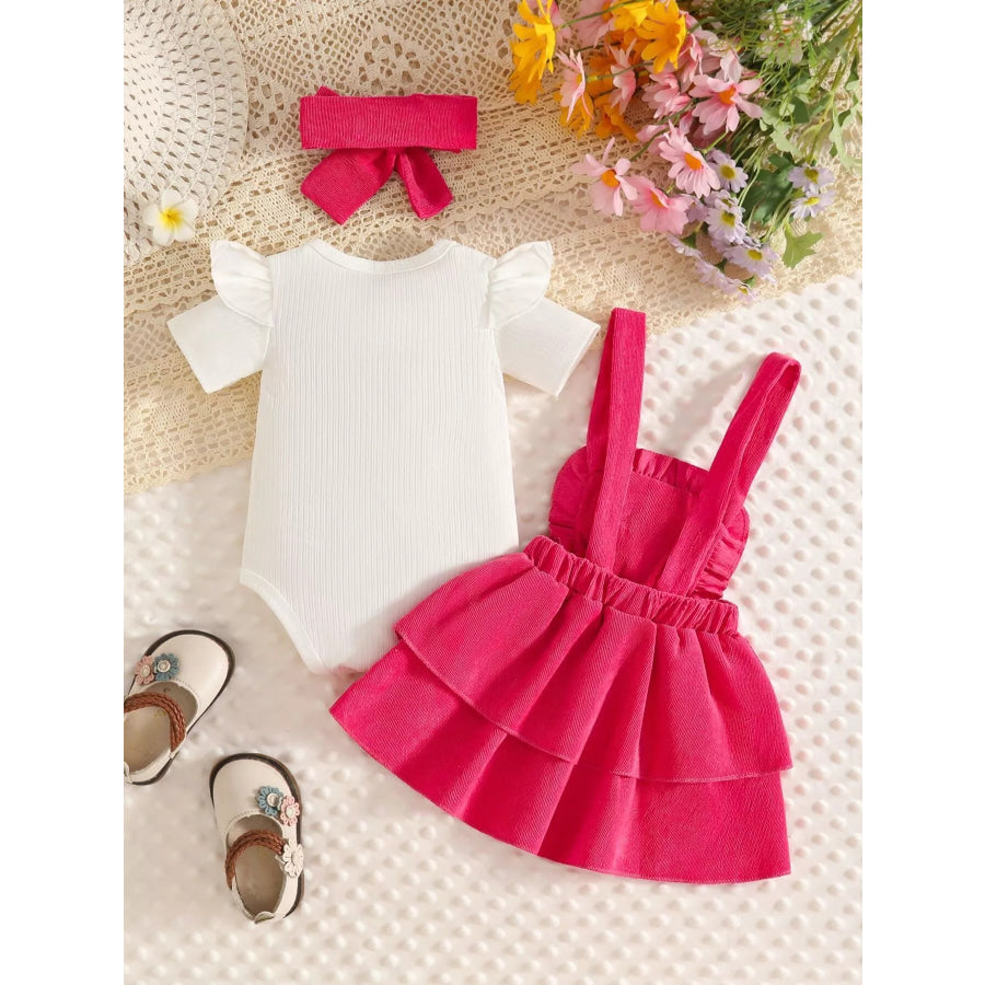 Children’s Ribbed Top and Floral Overall Dress Set with Headband Apparel Accessories