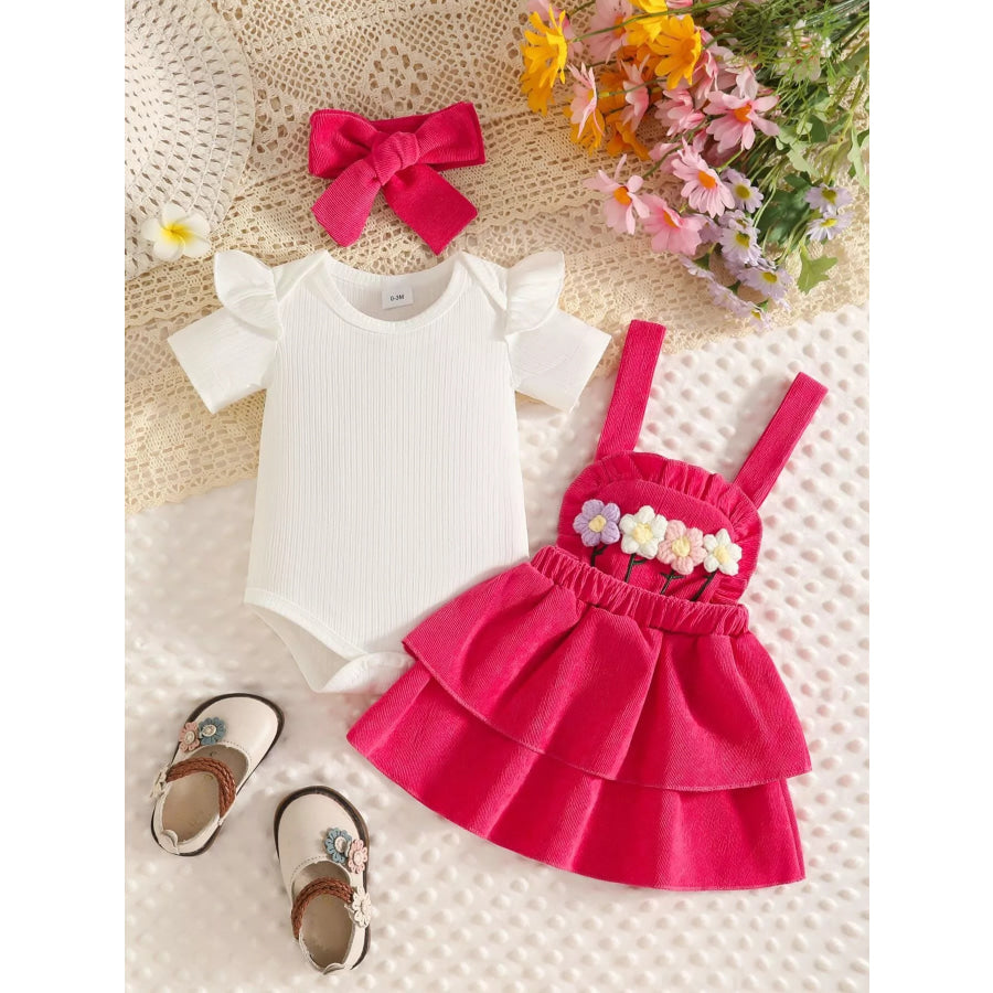 Children’s Ribbed Top and Floral Overall Dress Set with Headband Apparel Accessories