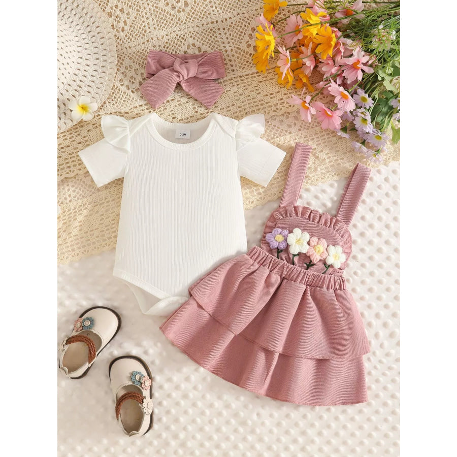 Children’s Ribbed Top and Floral Overall Dress Set with Headband Apparel Accessories