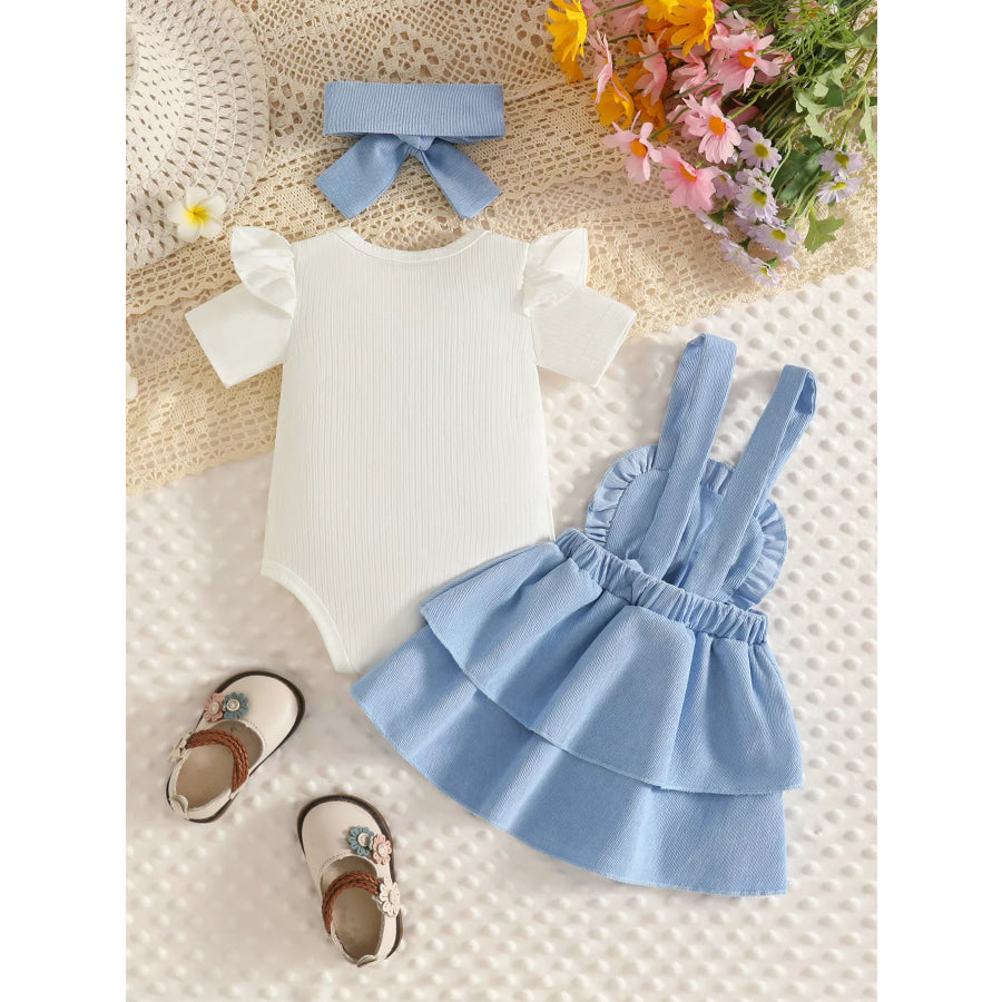 Children’s Ribbed Top and Floral Overall Dress Set with Headband Apparel Accessories