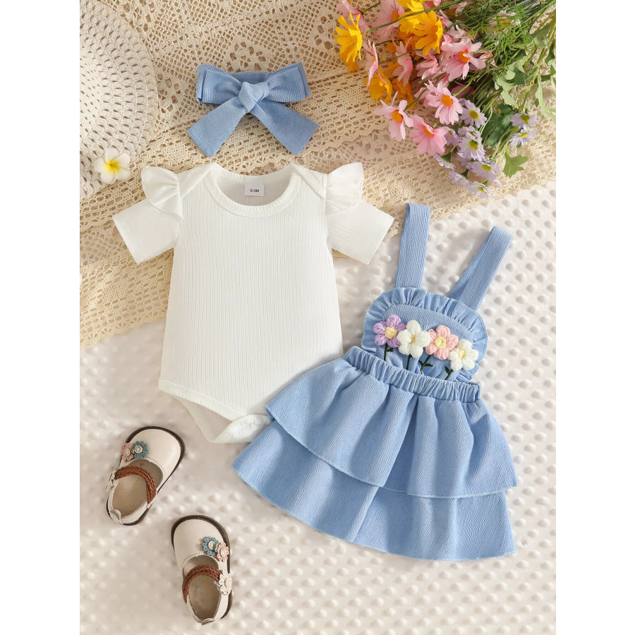 Children’s Ribbed Top and Floral Overall Dress Set with Headband Apparel Accessories