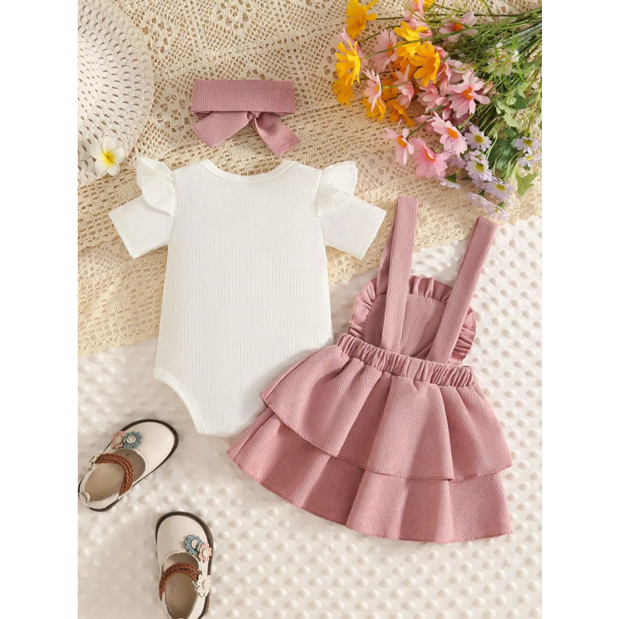 Children’s Ribbed Top and Floral Overall Dress Set with Headband Apparel Accessories