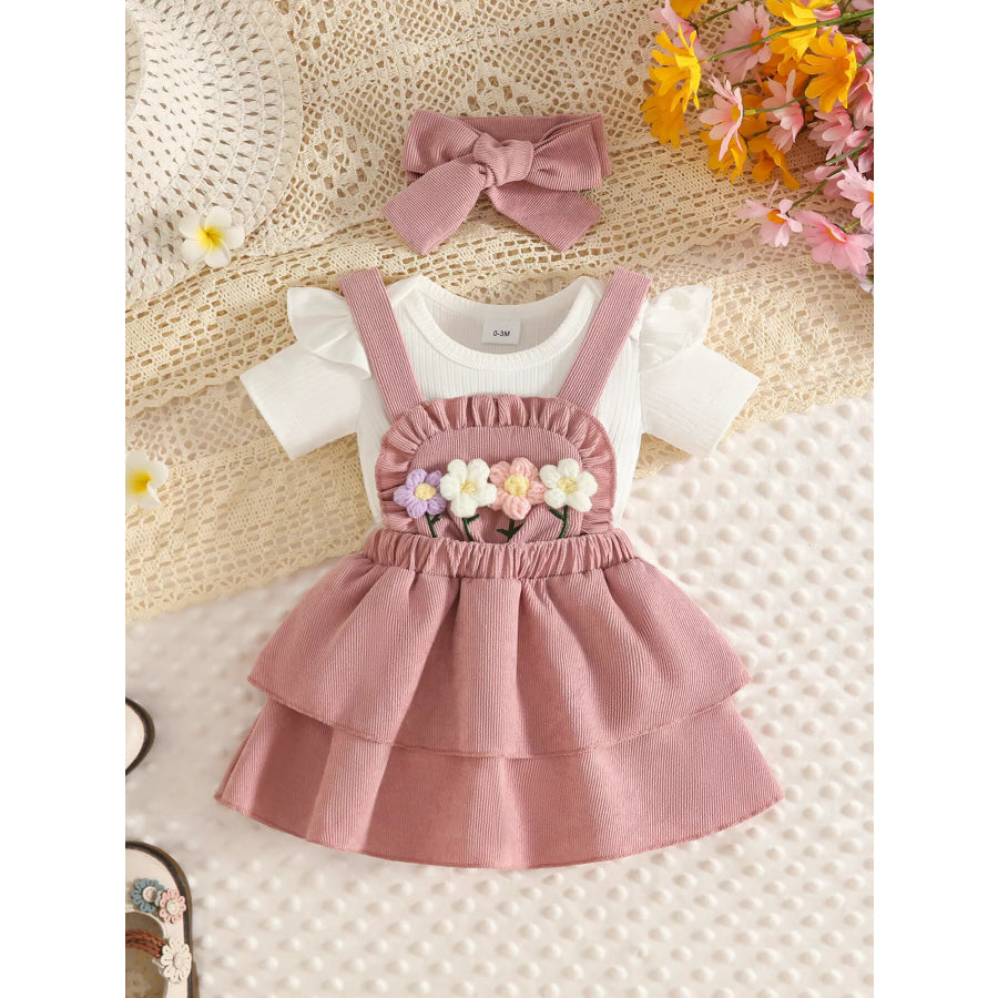 Children’s Ribbed Top and Floral Overall Dress Set with Headband Pink / 0-3M Apparel Accessories