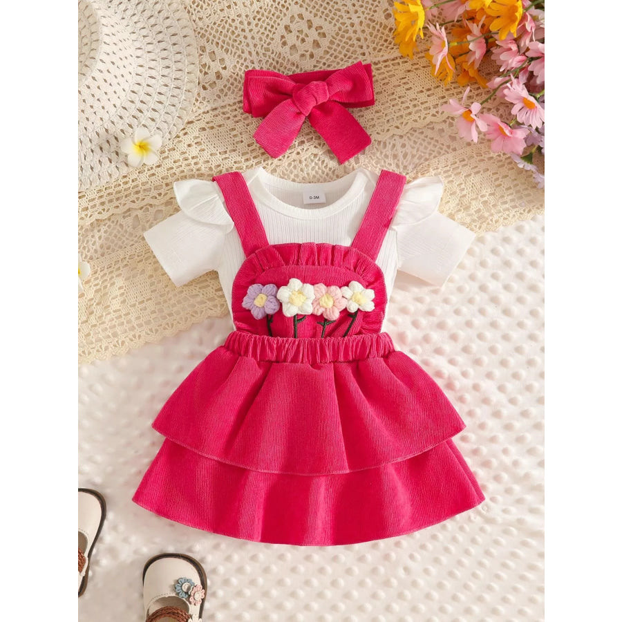 Children’s Ribbed Top and Floral Overall Dress Set with Headband Rose Red / 0-3M Apparel Accessories