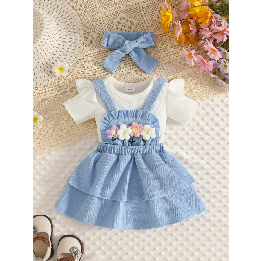 Children’s Ribbed Top and Floral Overall Dress Set with Headband Sky Blue / 0-3M Apparel Accessories