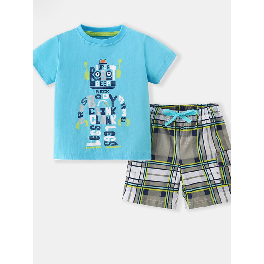 Children’s Robot Short Sleeve Tee & Plaid Shorts Set Pastel Blue / 3Y Apparel and Accessories