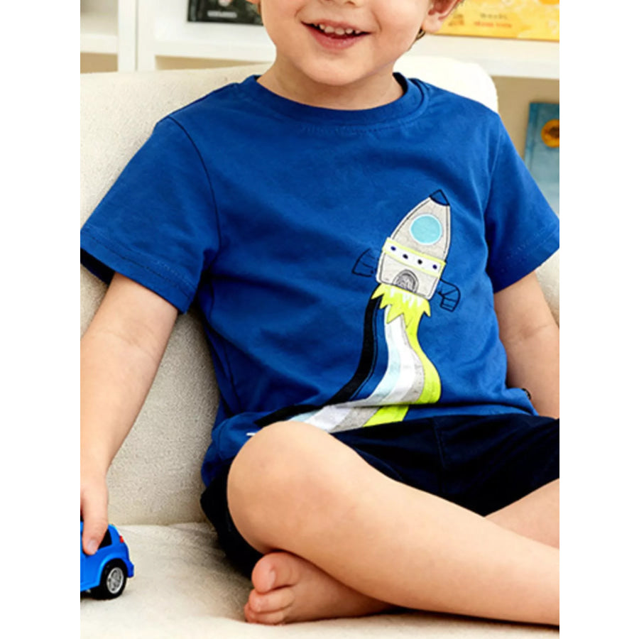 Children’s Rocket Round Neck Short Sleeve T-Shirt Royal Blue / 2T Apparel and Accessories