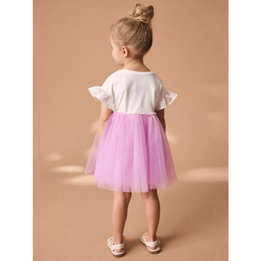 Children’s Round Neck Ruffled Tulle Dress Pink / 2Y Apparel and Accessories
