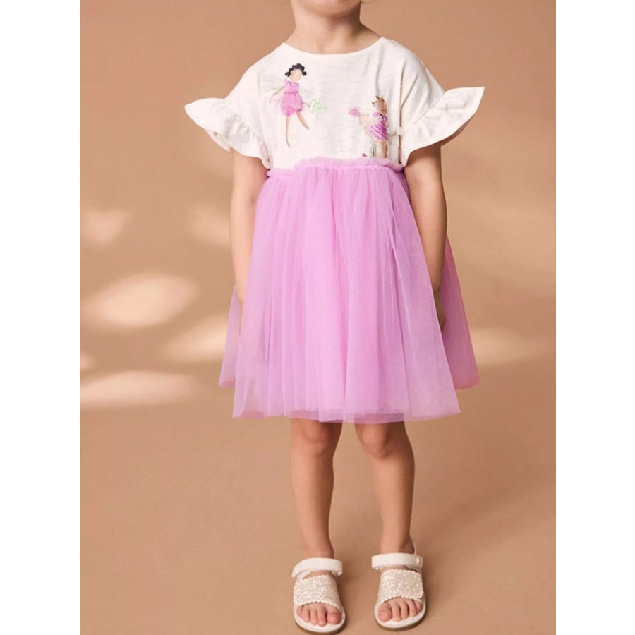 Children’s Round Neck Ruffled Tulle Dress Pink / 2Y Apparel and Accessories