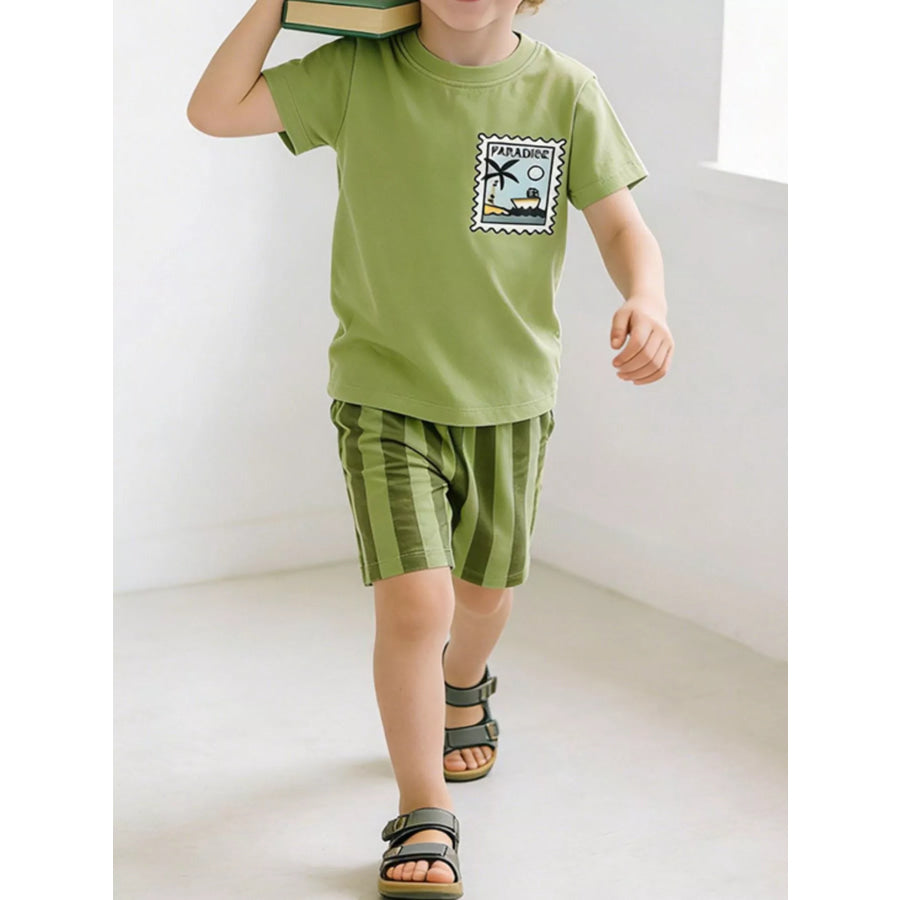 Children’s Round Neck Tee & Striped Shorts Set Matcha Green / 3Y Apparel and Accessories