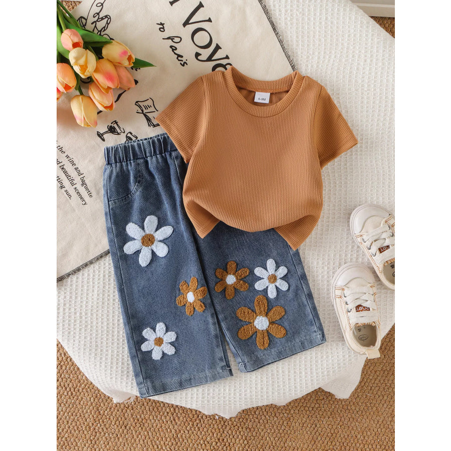 Children’s Round Neck Top and Flower Jeans Set Dark Brown / 6-9M Apparel and Accessories