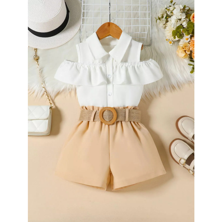 Children’s Ruffle Cold Shoulder Top & Shorts Set Khaki / 2-3 Apparel and Accessories