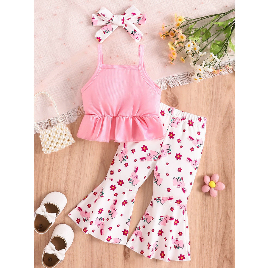 Children’s Ruffle Hem Tank Top with Flare Pants and Headband Set Apparel and Accessories