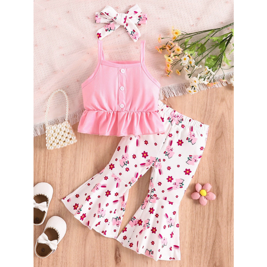 Children’s Ruffle Hem Tank Top with Flare Pants and Headband Set Pink / 6-12M Apparel and Accessories