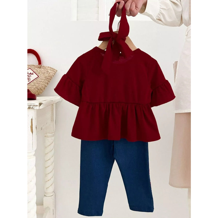 Children’s Ruffle Sleeve Top & Floral Patch Pants Set Apparel and Accessories