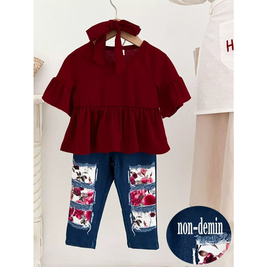 Children’s Ruffle Sleeve Top & Floral Patch Pants Set Burgundy / 6-9M Apparel and Accessories