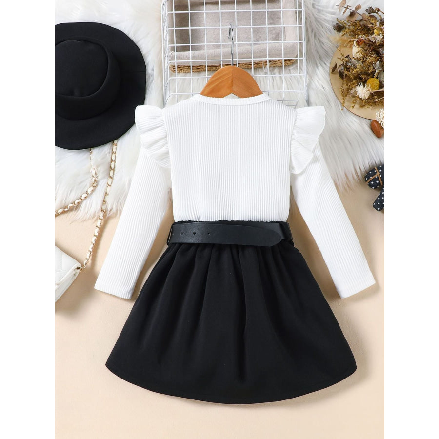 Children’s Ruffle Sleeve Top & Pleated Skirt Set with Hat and Belt Apparel and Accessories