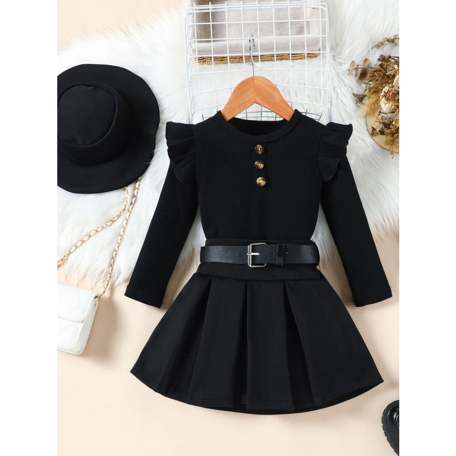 Children’s Ruffle Sleeve Top & Pleated Skirt Set with Hat and Belt Black / 18-24M Apparel and Accessories
