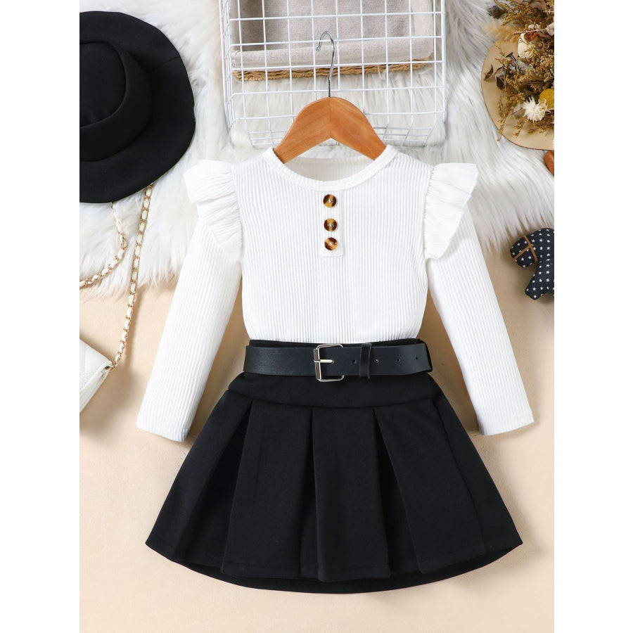 Children’s Ruffle Sleeve Top & Pleated Skirt Set with Hat and Belt White / 18-24M Apparel and Accessories