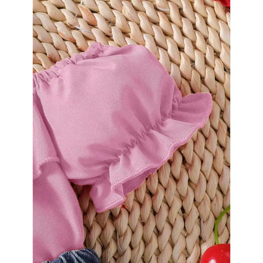 Children’s Ruffle Top and Bowknot Denim Shorts Set with Headband Pink / 6-9M Apparel and Accessories