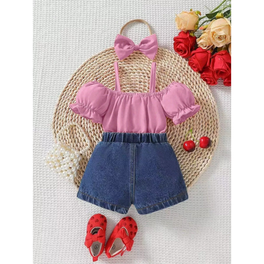 Children’s Ruffle Top and Bowknot Denim Shorts Set with Headband Apparel and Accessories