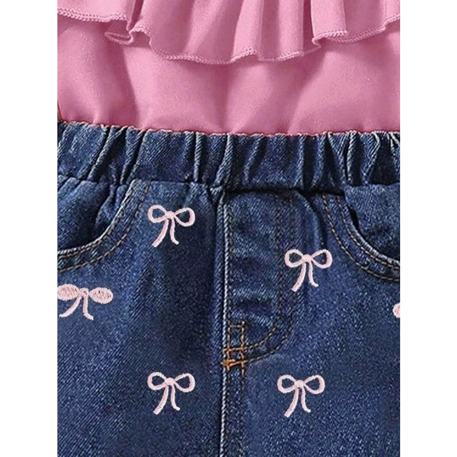 Children’s Ruffle Top and Bowknot Denim Shorts Set with Headband Apparel and Accessories