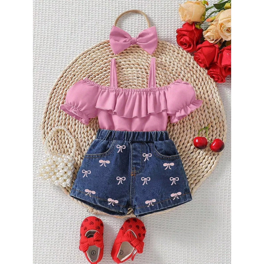 Children’s Ruffle Top and Bowknot Denim Shorts Set with Headband Pink / 6-9M Apparel and Accessories
