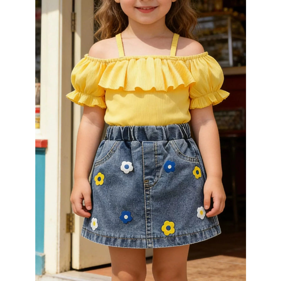 Children’s Ruffle Top and Floral Denim Skirt Set Yellow / 6-9M Apparel and Accessories