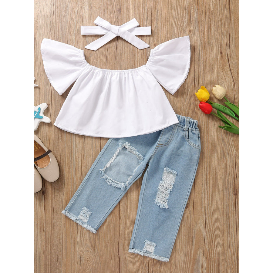 Children’s Ruffle Top & Jeans Set with Headband White / 18-24M Apparel and Accessories