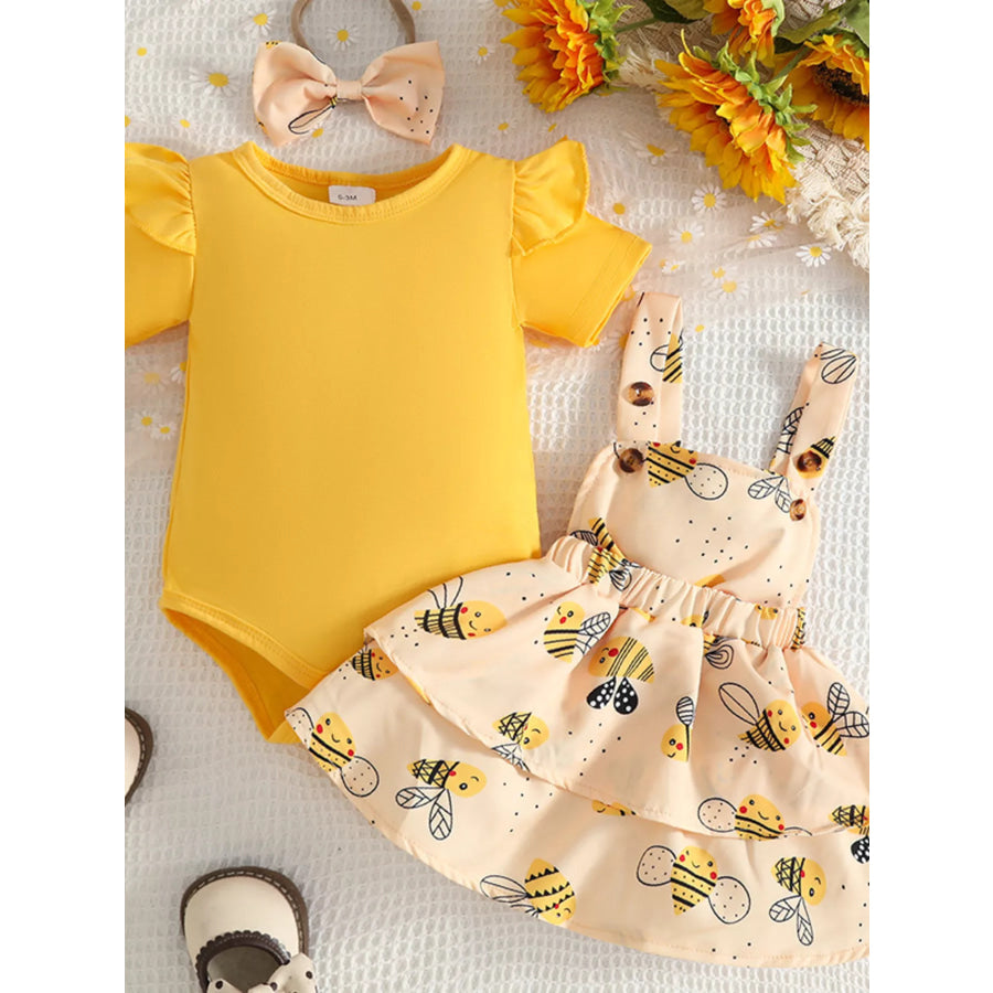 Children’s Ruffle Trim Bodysuit and Bee Print Dress Set with Headband Yellow / 0-3M Apparel and Accessories