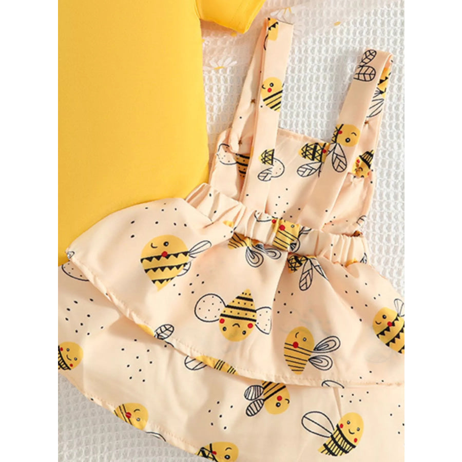 Children’s Ruffle Trim Bodysuit and Bee Print Dress Set with Headband Apparel and Accessories