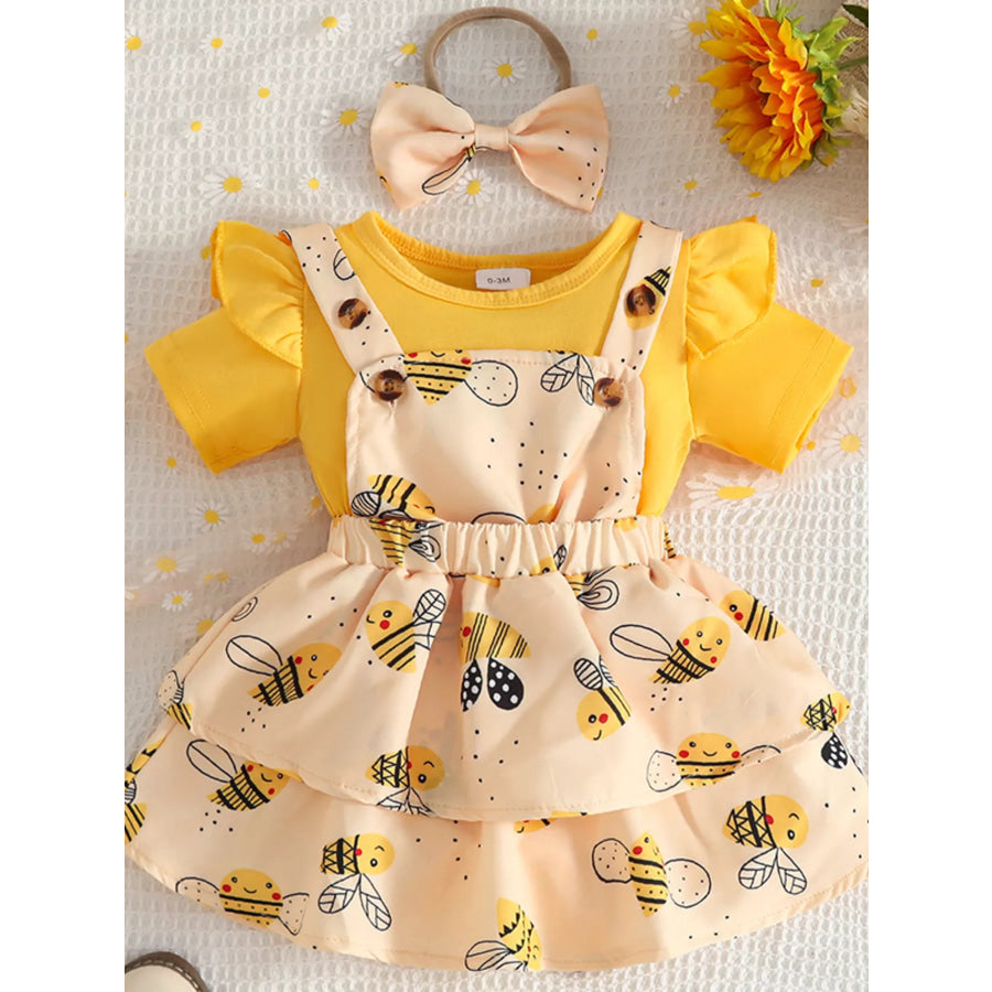 Children’s Ruffle Trim Bodysuit and Bee Print Dress Set with Headband Yellow / 0-3M Apparel and Accessories