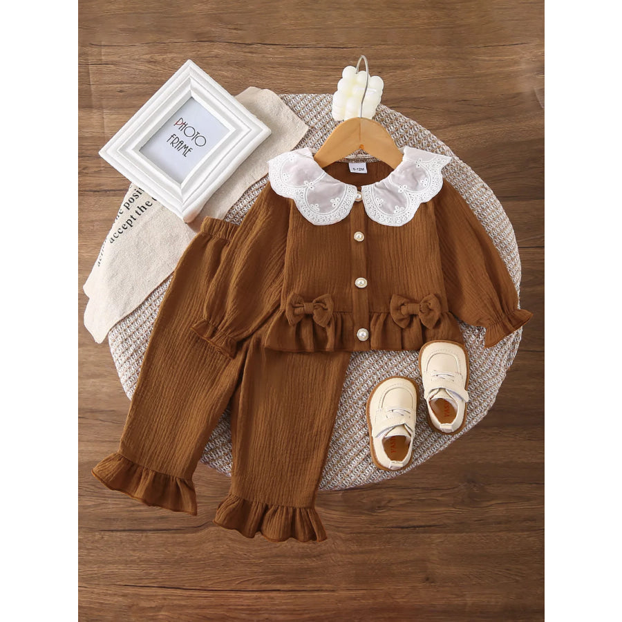 Children’s Ruffle Trim Bow Decor Baby Set Brown / 3-6M Apparel and Accessories