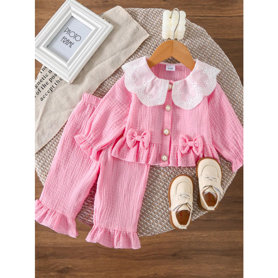 Children’s Ruffle Trim Bow Decor Baby Set Pink / 3-6M Apparel and Accessories