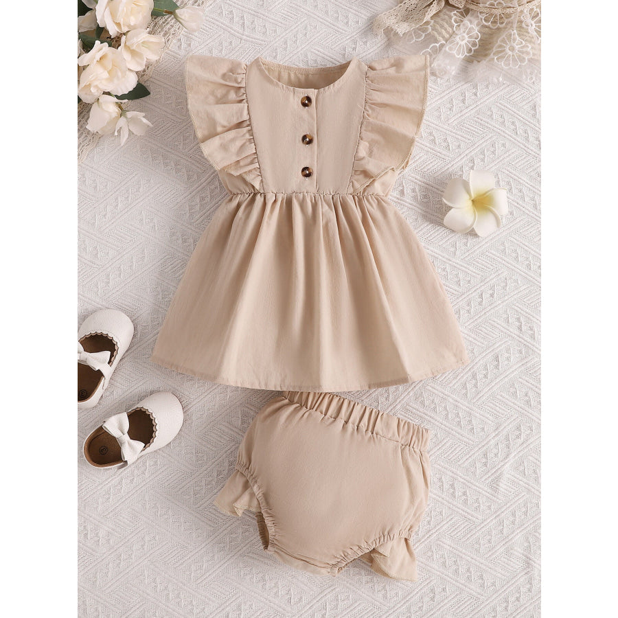 Children’s Ruffle Trim Button Front Top and Shorts Set Apricot / 6-12M Apparel and Accessories
