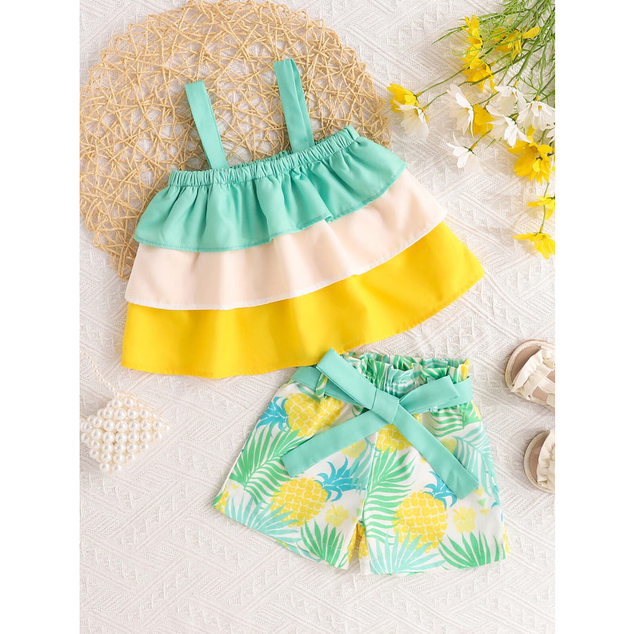 Children’s Ruffle Trim Layered Cami Top & Pineapple Print Shorts Set Light Green / 6-12M Apparel and Accessories