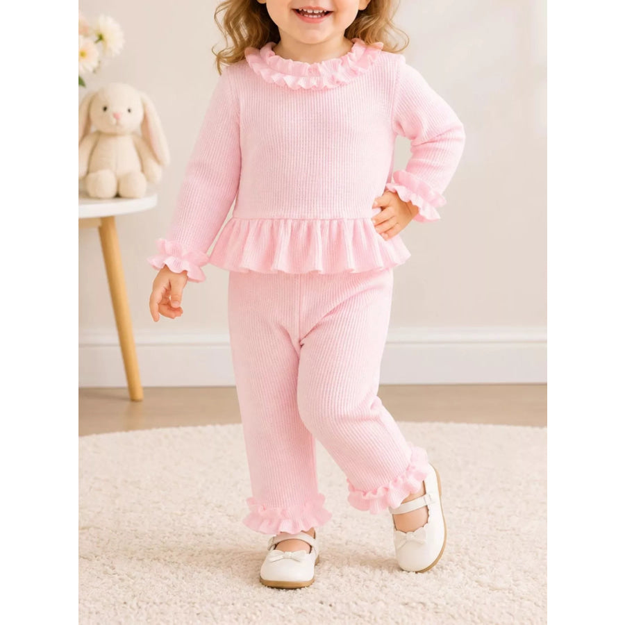 Children’s Ruffle Trim Long Sleeve Top and Pants Set Pink / 6-12M Apparel Accessories
