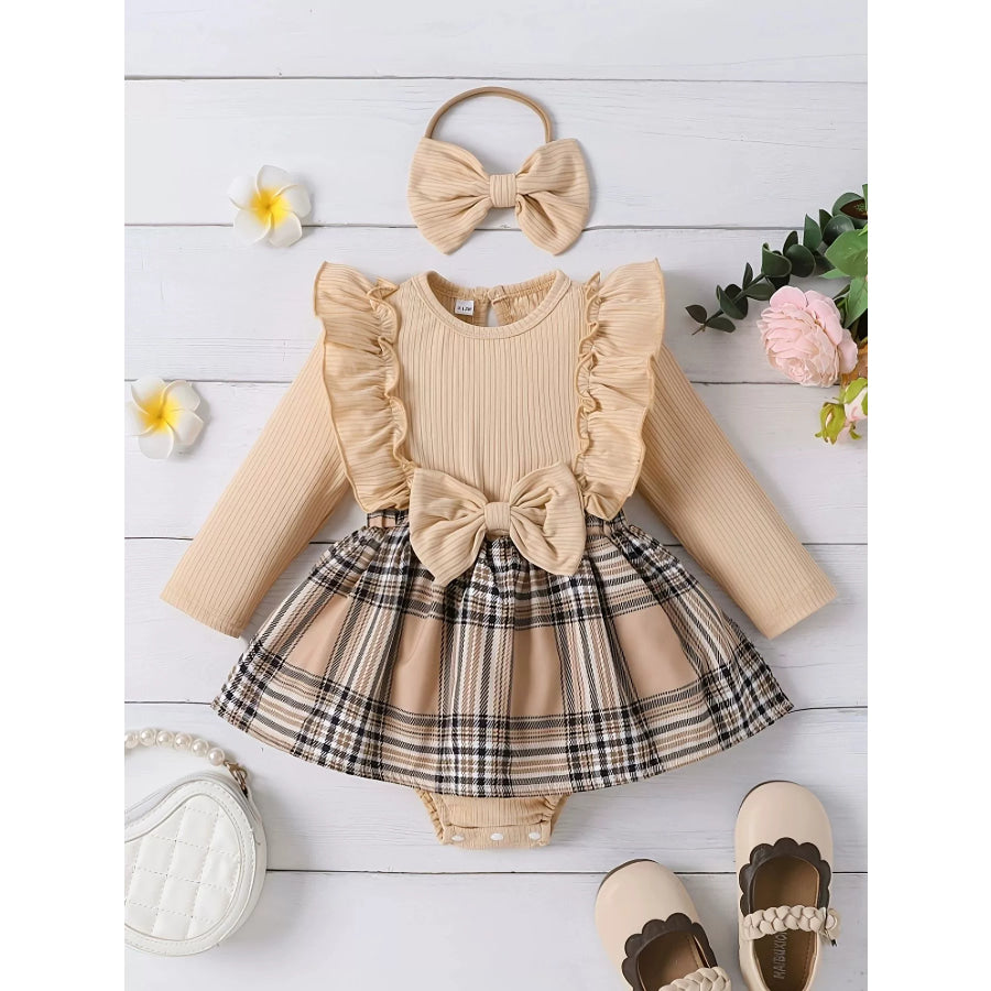 Children’s Ruffle Trim Plaid Dress with Headband Set Tan / 0-3M Apparel and Accessories