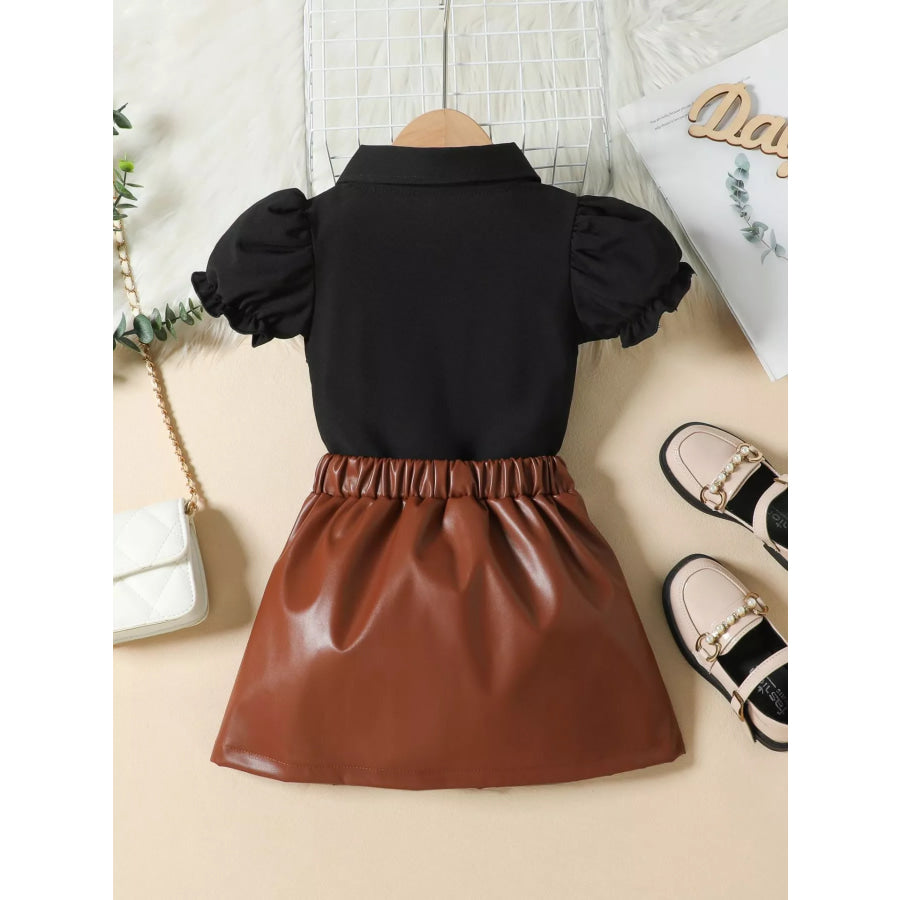 Children’s Ruffle Trim Puff Sleeve Top & Pleated Skirt Set Apparel and Accessories