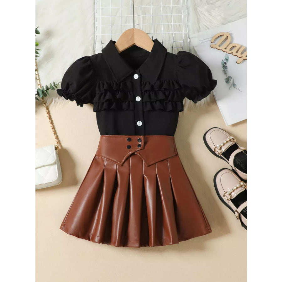 Children’s Ruffle Trim Puff Sleeve Top & Pleated Skirt Set Black / 2-3 Apparel and Accessories