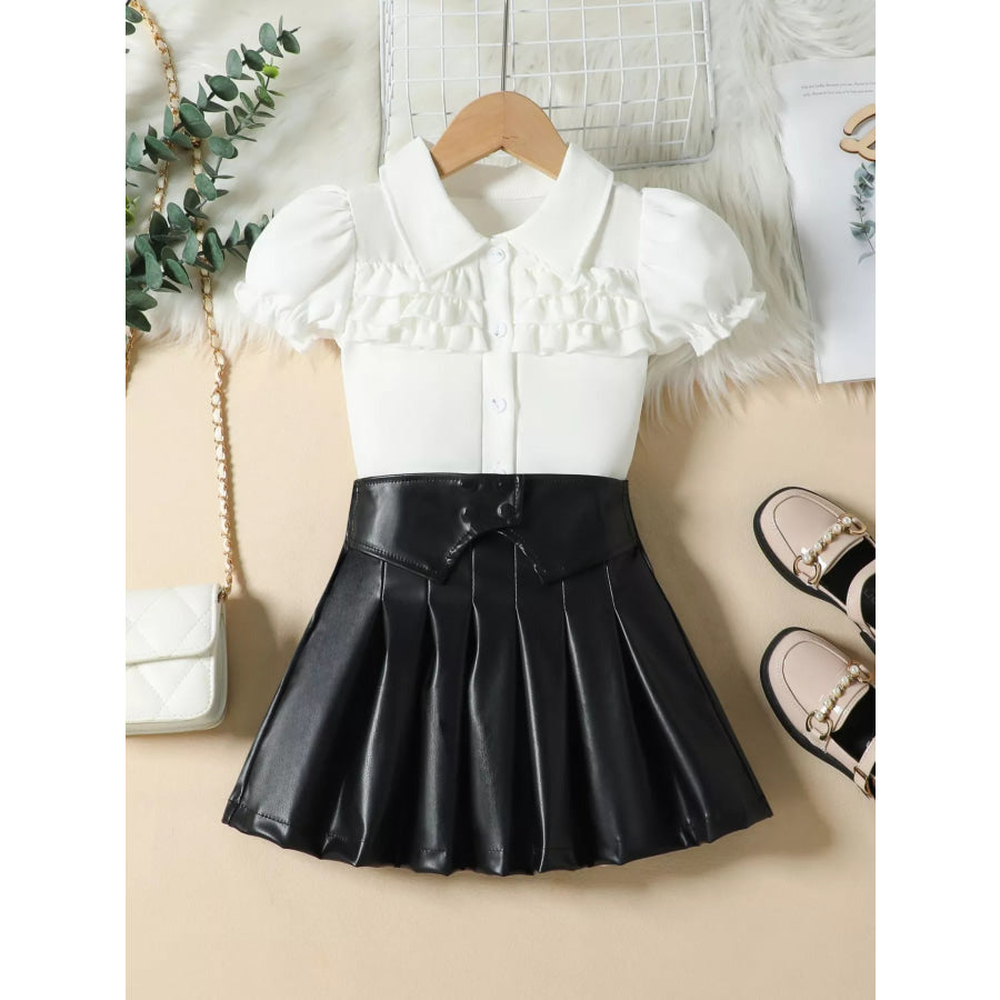 Children’s Ruffle Trim Puff Sleeve Top & Pleated Skirt Set White / 2-3 Apparel and Accessories