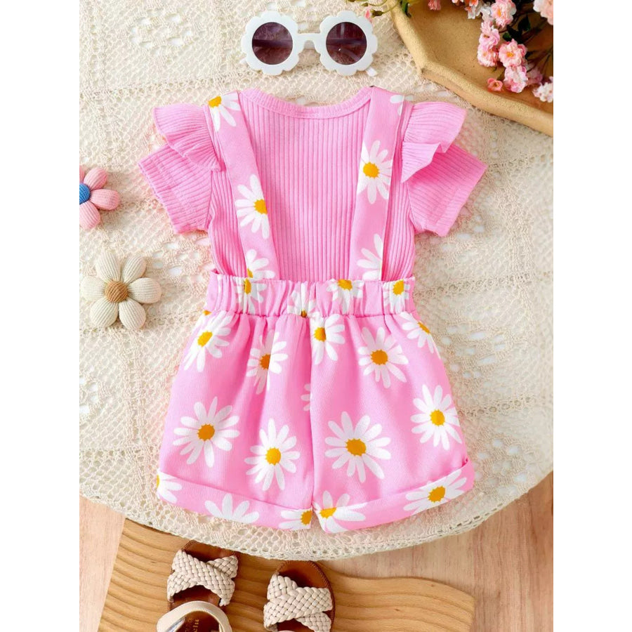 Children’s Ruffle Trim Ribbed Top and Daisy Overalls Set Apparel Accessories