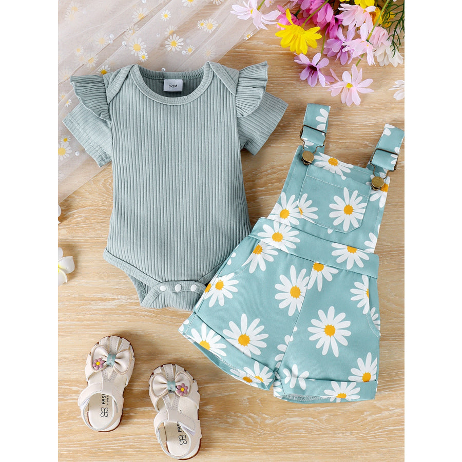 Children’s Ruffle Trim Ribbed Top and Daisy Overalls Set Green / 0-3M Apparel Accessories