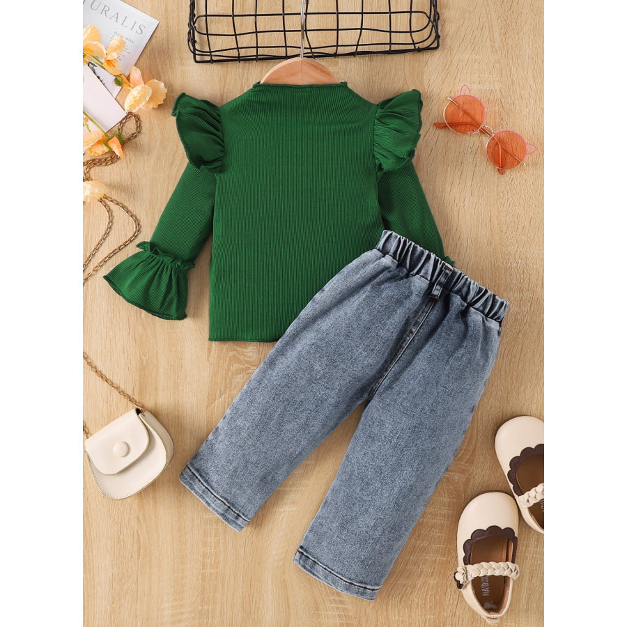 Children’s Ruffle Trim Ribbed Top & Jeans Set Dark Green / 6-9M Apparel and Accessories