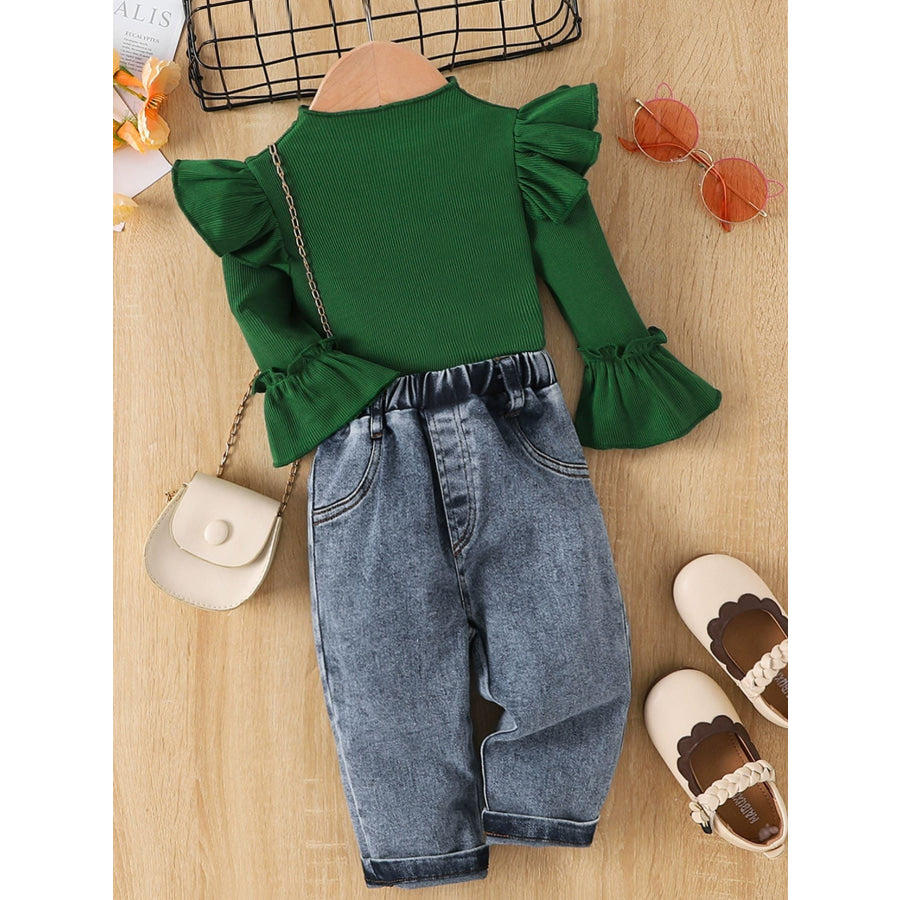 Children’s Ruffle Trim Ribbed Top & Jeans Set Dark Green / 6-9M Apparel and Accessories