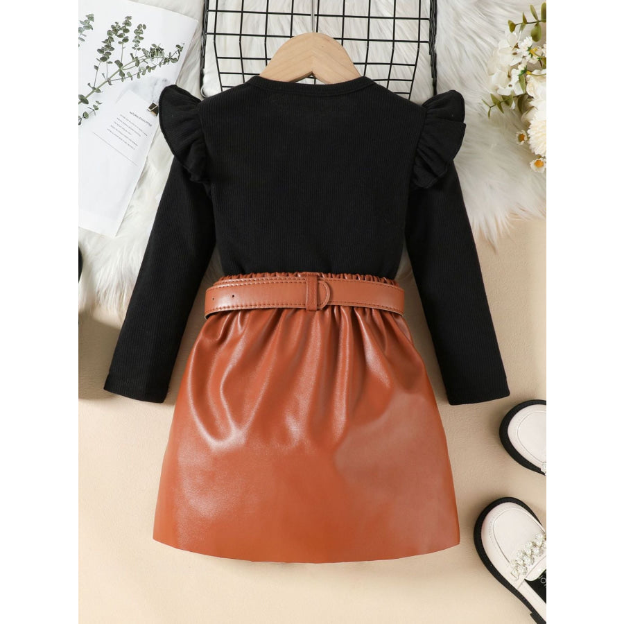Children’s Ruffle Trim Top & Faux Leather Pleated Skirt Set Apparel and Accessories