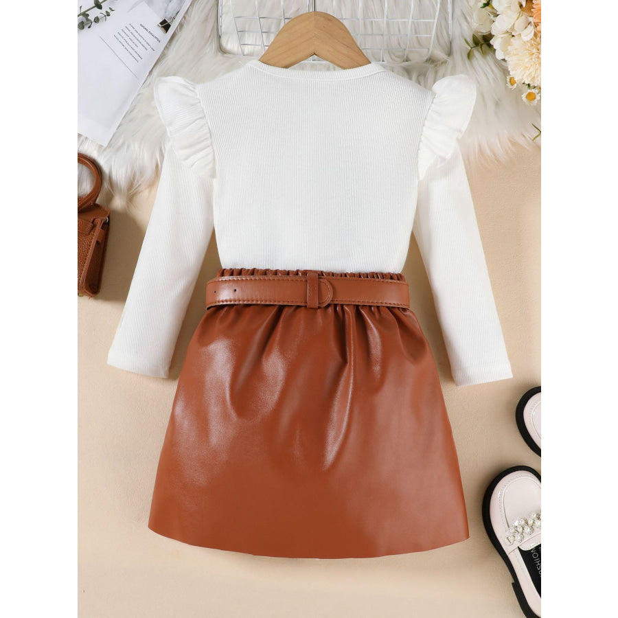 Children’s Ruffle Trim Top & Faux Leather Pleated Skirt Set Apparel and Accessories