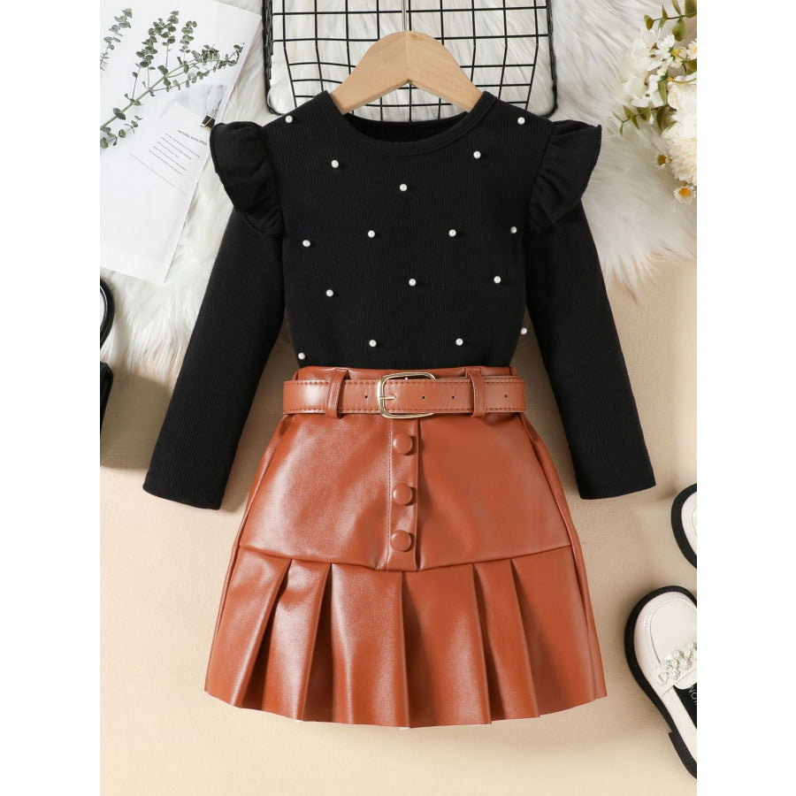 Children’s Ruffle Trim Top & Faux Leather Pleated Skirt Set Black / 18-24M Apparel and Accessories