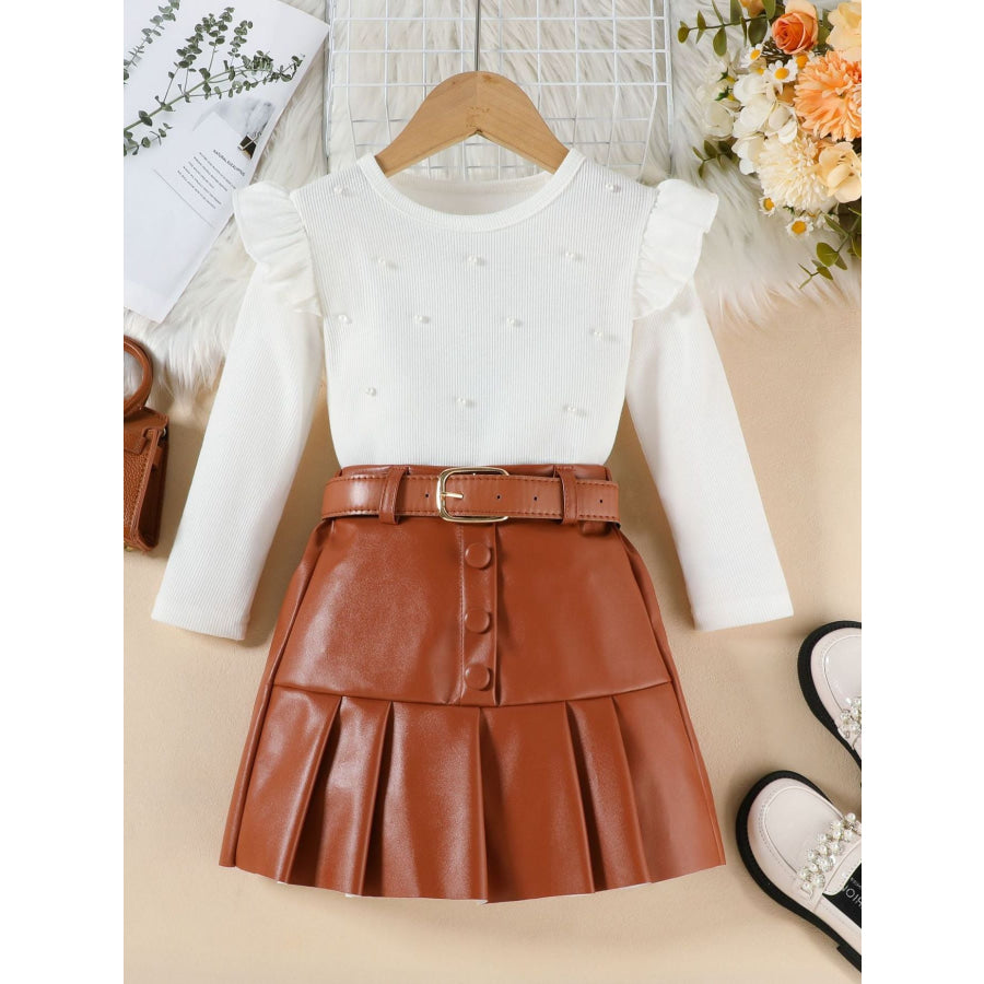 Children’s Ruffle Trim Top & Faux Leather Pleated Skirt Set White / 18-24M Apparel and Accessories