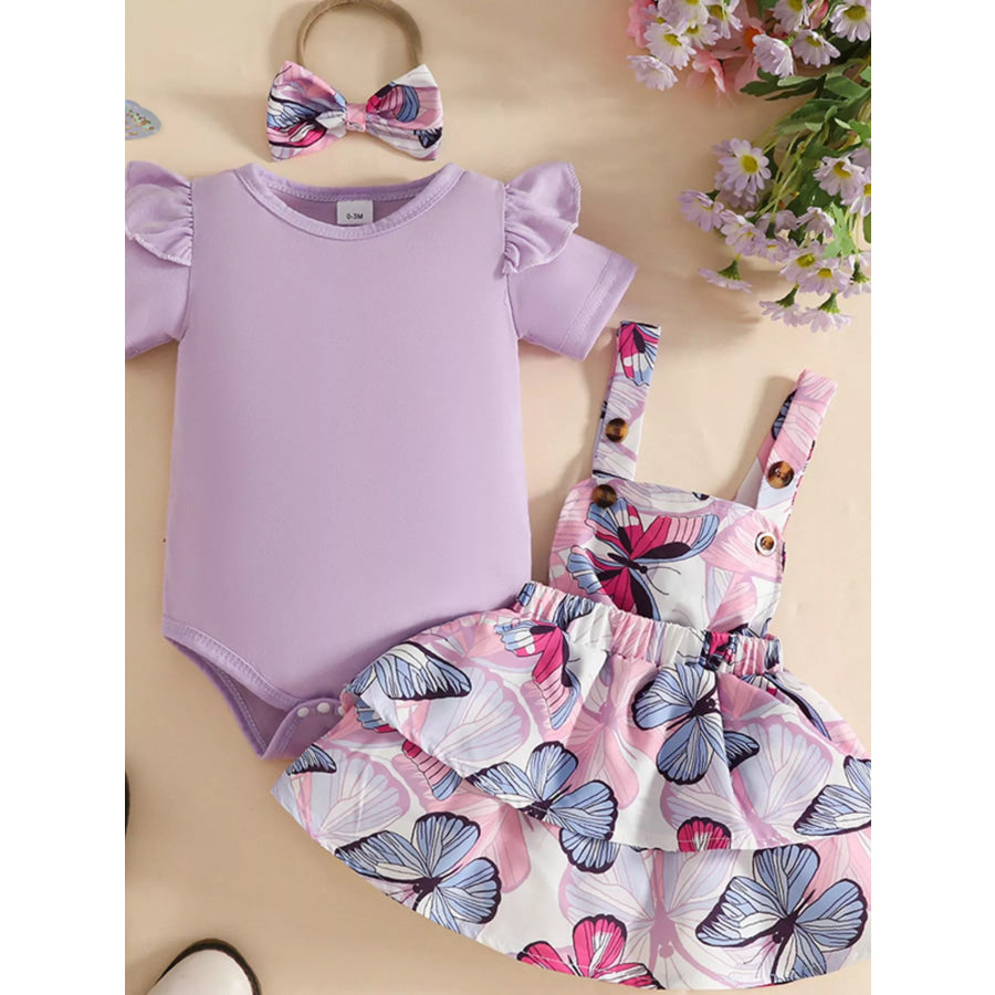 Children’s Ruffled Bodysuit and Dress Set with Headband Purple / 0-3M Apparel and Accessories